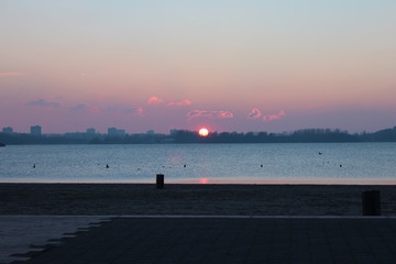 Sunset over the Zevenhuizerplas lake in Rotterdam Nesselande district 
