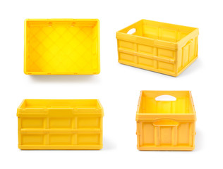 Empty yellow plastic crate isolated