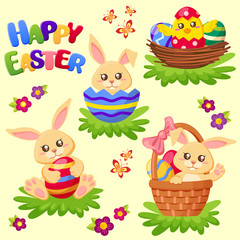 Happy Easter. Cute bunny, chicken and eggs. Vector set