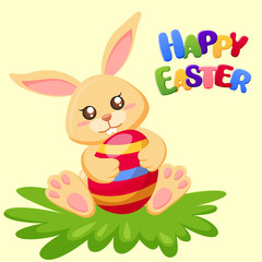 Happy Easter. Cute bunny sitting with eggs