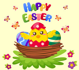 Happy Easter. Cute chicken sitting in nest with eggs