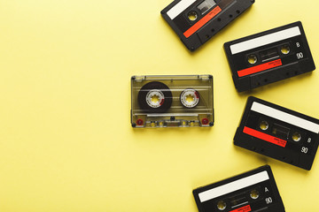 Creative background with cassette tapes of different colors