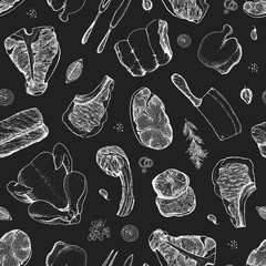 Meat seamless pattern. Hand drawn vector illustration. Food menu background. Sketch illustration. Engraved style.