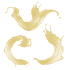 3d render, abstract liquid, smooth pastel splashes, vanilla smoothie drink, yellow wavy jets, food...