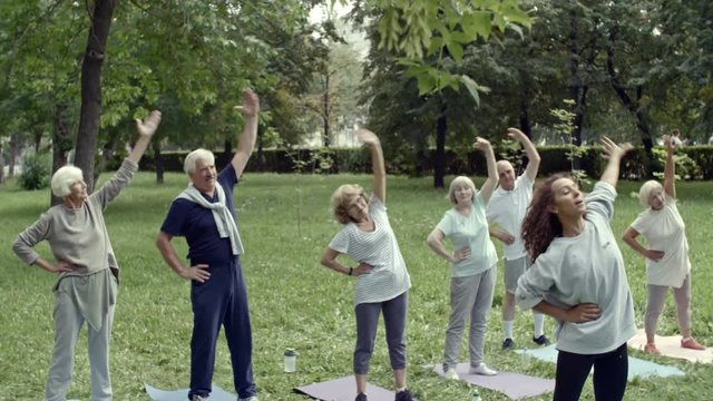 Tilt down shot of six elderly people and their trainer performing stretching exercise during group workout in park