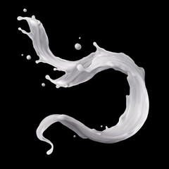 3d render, milk splash, drink clip art, liquid splashing, milky jet, white paint, element isolated on black background