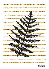 Fern leaf and stripes ink & gold vector hand drawn illustration.