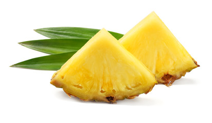 healthy background. pineapple slices with green leaves isolated on white background