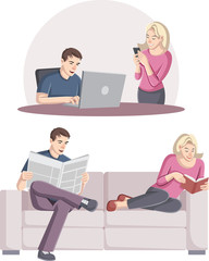 Couple with laptop, smarthphone. Young people reading book and newspaper on sofa.
