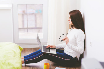 Modern for web design. Girl using laptop. Online service concept. Social media marketing.