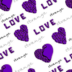 Seamless vector pattern. Fashionable Ultra Violet hearts with the words "Strange love".
