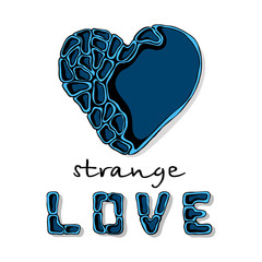 Vector illustration. Blue heart with the words "strange love".