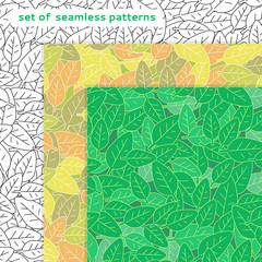 Set of 3 vector seamless patterns. Colorful leaves scattered randomly. Patterns suitable for background.