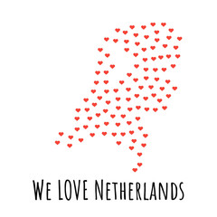 Netherlands Map with red hearts- symbol of love. abstract background with text We Love Netherlands. vector illustration. Print for t-shirt