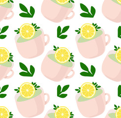 Pattern of lovely tea mugs with lemon and green leaves. Refreshing tea. Vector Pattern