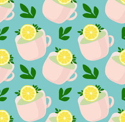 Pattern of lovely tea mugs with lemon and green leaves. Refreshing tea. Vector Pattern on the blue backgraund