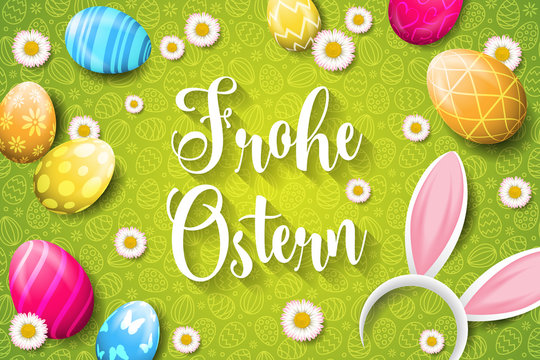 Frohe Ostern Ostereier mit Osterhase Ohren Osterkarte Hintergrund