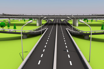 3d abstract illustration of a highway and the bridge on a background of green grass, trees and blue sky.