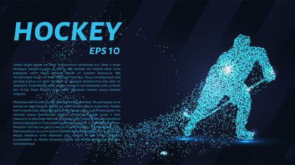 A hockey game consists of points. Particles in the form of a hockey player on a dark background. Vector illustration. Graphic concept of hockey.