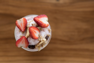 strawberry smoothie,summer fresh drink,strawberry yogurt on double wall glass.