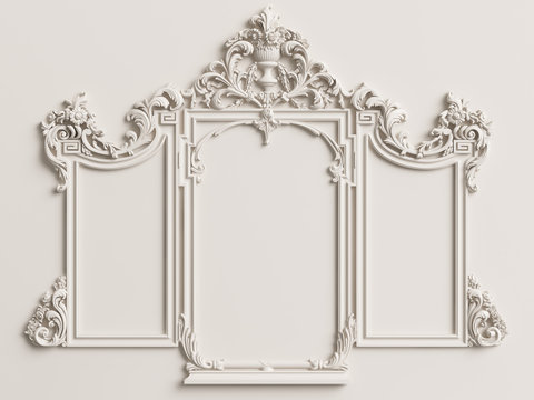 Classic mirror frame on the white wall.Digital illustration.3d rendering