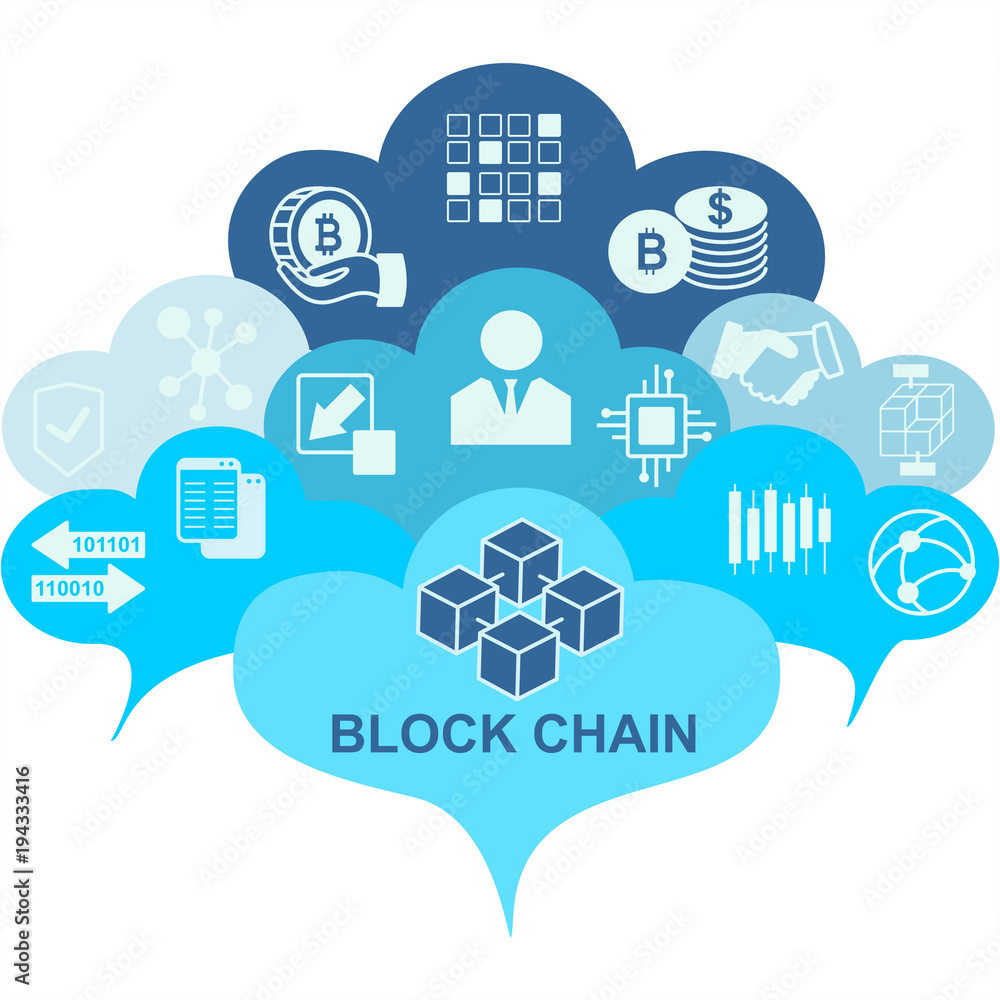 Aufkleber blockchain vector background illustration with clouds and icons. blockchain concept.