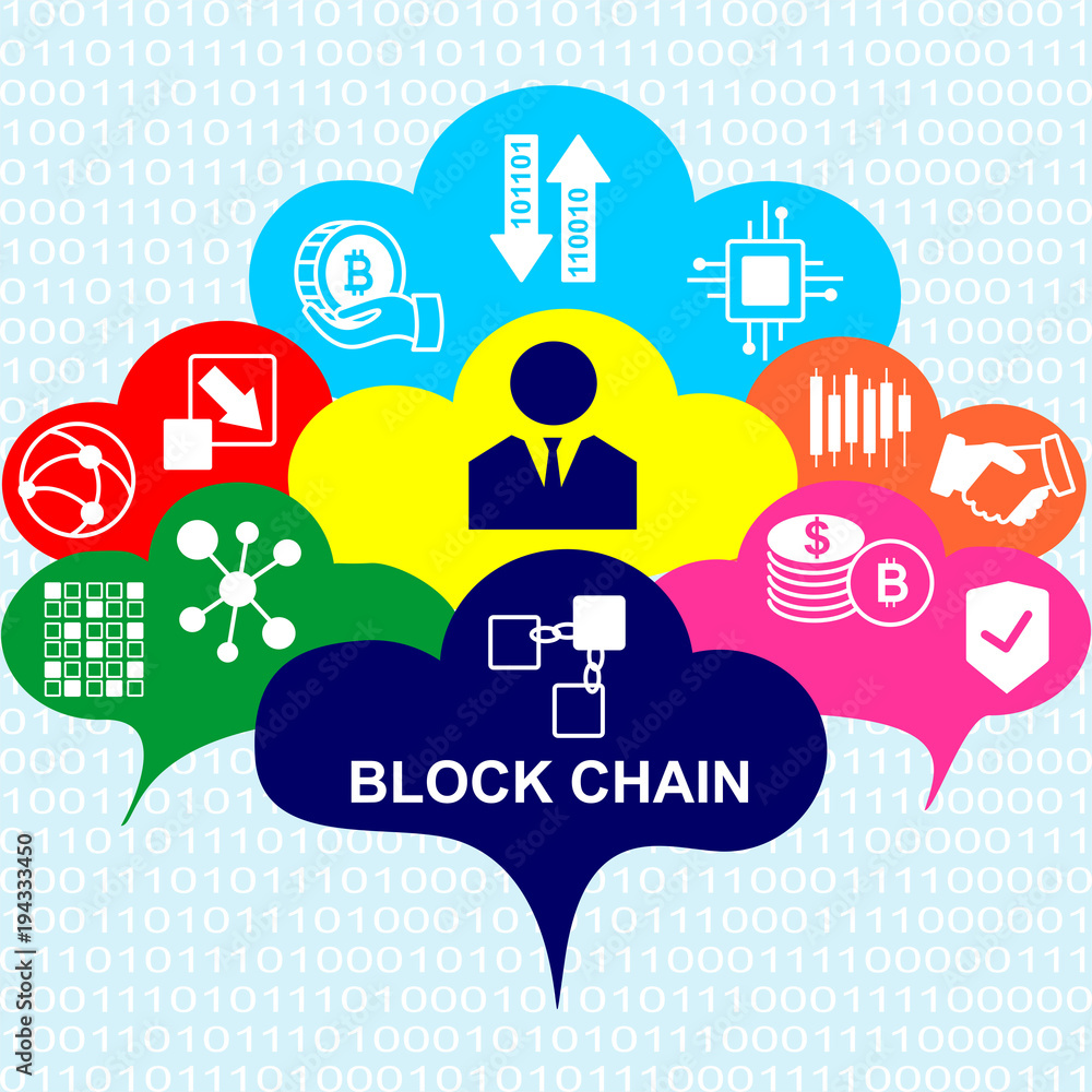 Poster blockchain vector background illustration with clouds and icons. blockchain concept.