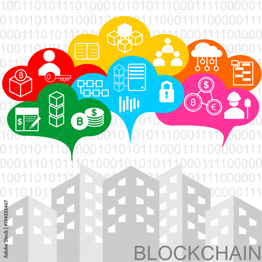 Poster blockchain vector background illustration with clouds and icons. blockchain concept.