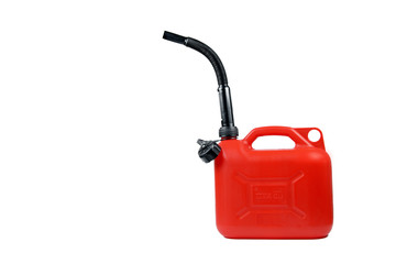 Plastic canister for fuel with a hose on an isolated white background
