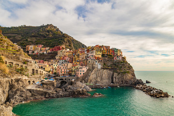 Fototapeta na wymiar View of Manarola, picturesque village of Cinque Terre National park, province of La Spezia, Liguria, Italy