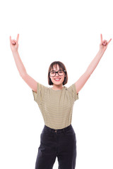 Fashion teen girl hipster giving the Rock and Roll sign . Pretty models smiling on white background