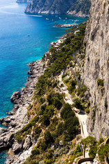 A beautiful rocky coast and the sea on a summer sunny day - a travel or natural background. Place under the text