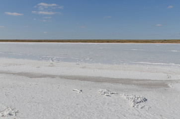 thin coat of brine on the white surface of salt lake Mazna-Khag in steppe between Kalmykia and...