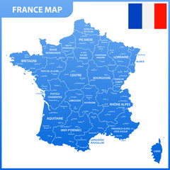 The detailed map of the France with regions or states and cities, capital, national flag