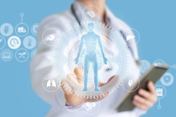 Doctor conducts a study on virtual screen.