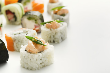 Japanese sushi rolls, maki on white background