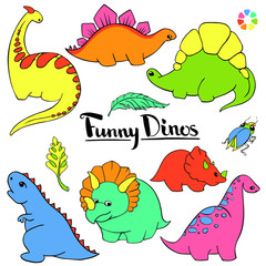 a set of seven funny cartoon dinosaurs. Diplodocus, tricerotops, stegosaurus, tyrannosaurus Yellow, red, pink, blue, green and turquoise. Vector hand drawn
