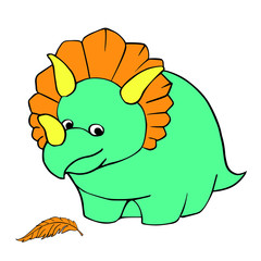 Funny dinosaur Triceratops. Children's cartoon character is blue with yellow horns. Vector. Hand Drawn