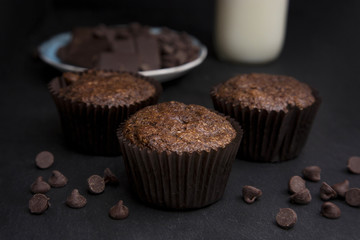 Whole Wheat Double Chocolate Chip Muffins in a Dark Environment