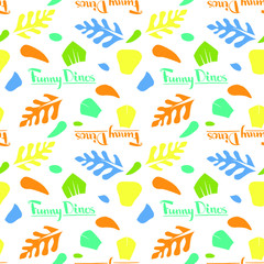 spot vegetable and animal pattern yellow orange green blue colors with a hand-written text funny dinosaurs Vector for baby textile. 