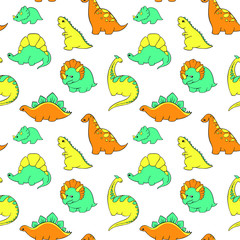 seamless bright bright childlike pattern with dinosaurs yellow orange blue on a white background. Hand-Drawn Vector Hand