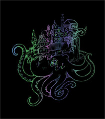 Naklejka na ściany i meble Illustration of an octopus with an old city. Black and white drawing.
