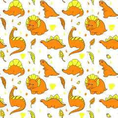 seamless children's pattern with little dinosaurs orange and yellow color. Hand-Drawn Vector