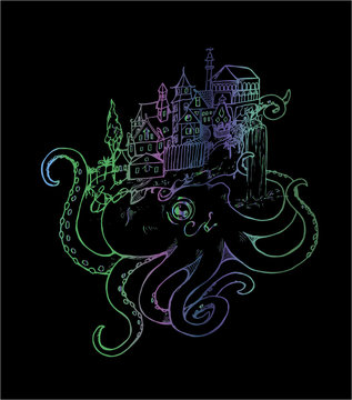Illustration of an octopus with an old city. Black and white drawing.