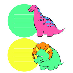 Card for the gift circle and amusing dinosaurs Triceratops and diplodocus pink, blue, turquoise and yellow flowers. Vector hand drawn