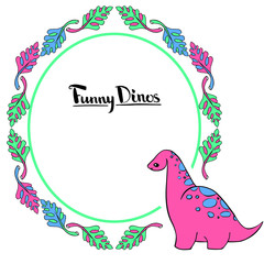 The design element is a frame of palm leaves and an amusing dinosaur with a diplodocus of pink, blue, turquoise colors. Vector hand drawn