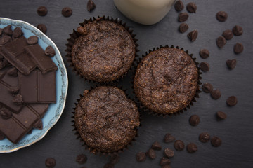 Whole Wheat Double Chocolate Chip Muffins in a Dark Environment