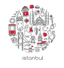 Obraz premium Modern vector illustration Istanbul with circle composition of hand drawn turkish symbols. Black outline doodle elements isolated on white. City tourism design conception Simple minimalistic style.