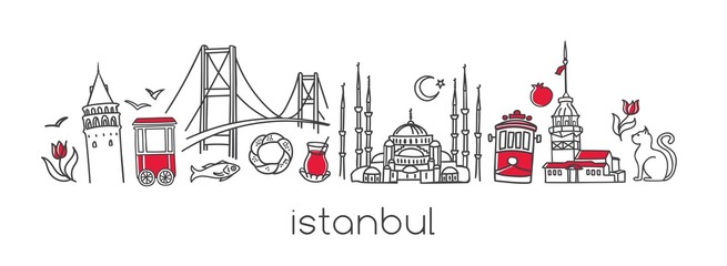 Vector modern illustration Istanbul with hand drawn doodle turkish symbols. Horizontal panoramic scene for banner or print design. Simple minimalistic style with black outline and red elements. - obrazy, fototapety, plakaty