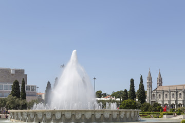 ornamental fountain in Lisbon, to the right of the partial view image of the Jerónimos, Portugal, Europe
